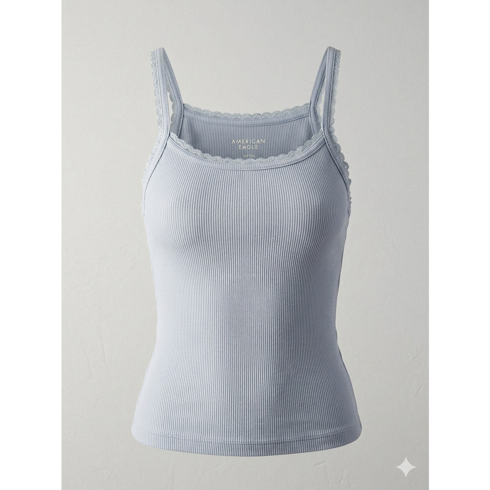 American Eagle Blue Ribbed Lace Trim Cami Tank Top Y2K Style Small